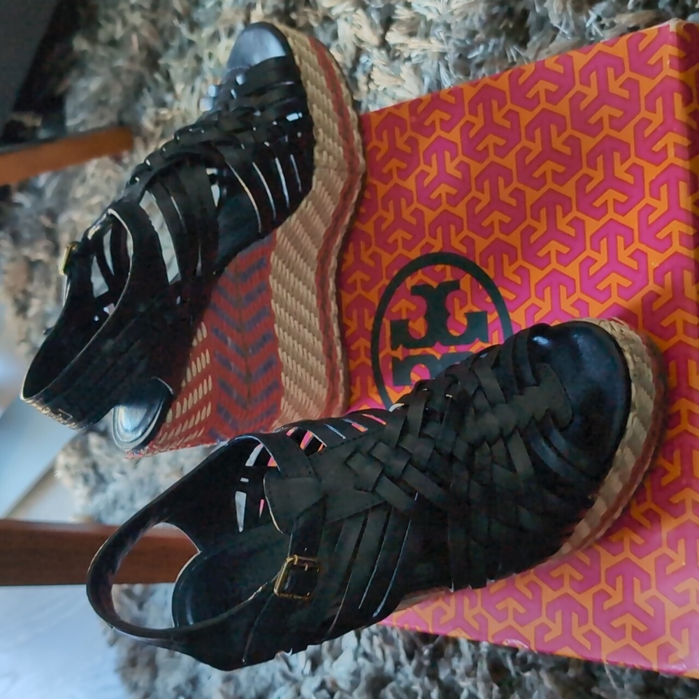 Tory Burch Leather and Rattan Wedges